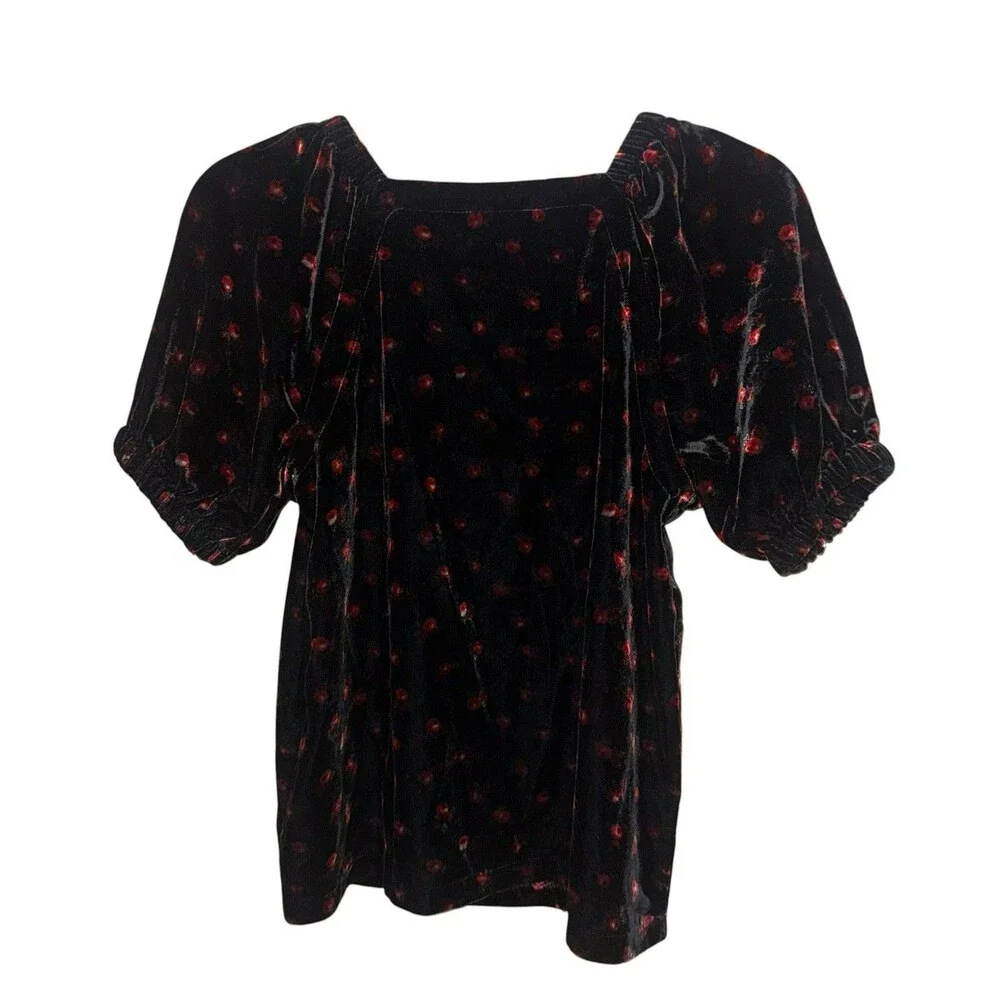 NWT Loft Ann Taylor Black Floral Velvet Puff Sleeve Top Sweetheart Neck Size MP